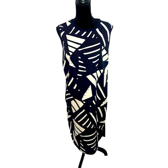 LAUREN RALPH LAUREN NAVY GEOMETRIC PATTERN SLEEVELESS DRESS WOMENS SIZE LARGE - Picture 1 of 8